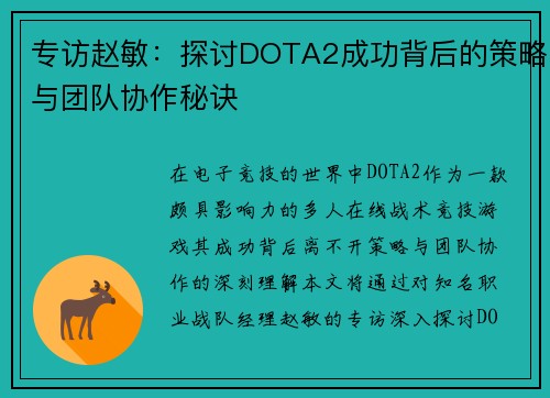 专访赵敏：探讨DOTA2成功背后的策略与团队协作秘诀